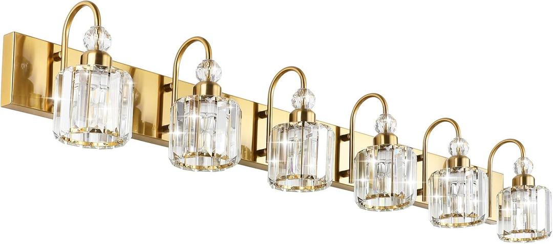Ralbay Gold Crystal Vanity Lights for Bathroom 6-Lights Brass Gold Crystal Bathroom Vanity Lights Over Long Mirror Modern Crystal Bathroom Wall Lighting Fixtures
