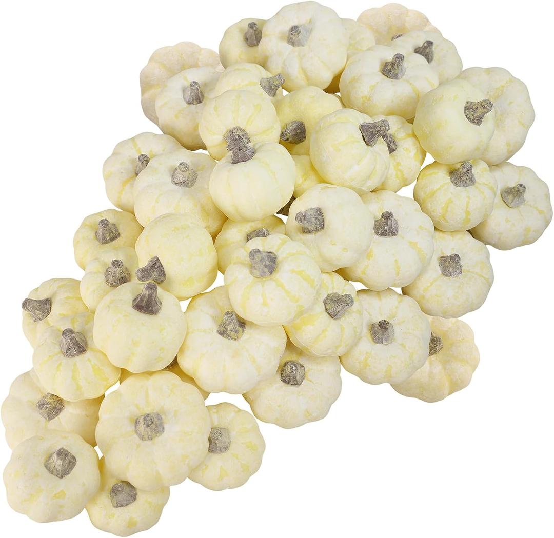 Winlyn 48 Pcs Mini Artificial Pumpkins Faux Cream Baby Boo Pumpkins Foam Pumpkins 1.8" 2.1" for Fall Harvest Thanksgiving Table Centerpiece Halloween Autumn Wedding Baby Shower Wreath Bowl Fillers (White)