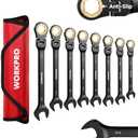 WORKPRO Ratcheting Combination Wrench Set, 8-piece Flex-Head Anti-Slip Set SAE 5/16-3/4 inch, 72-Teeth, Cr-V Constructed, Black Electrophoretic Coating with Rolling Pouch