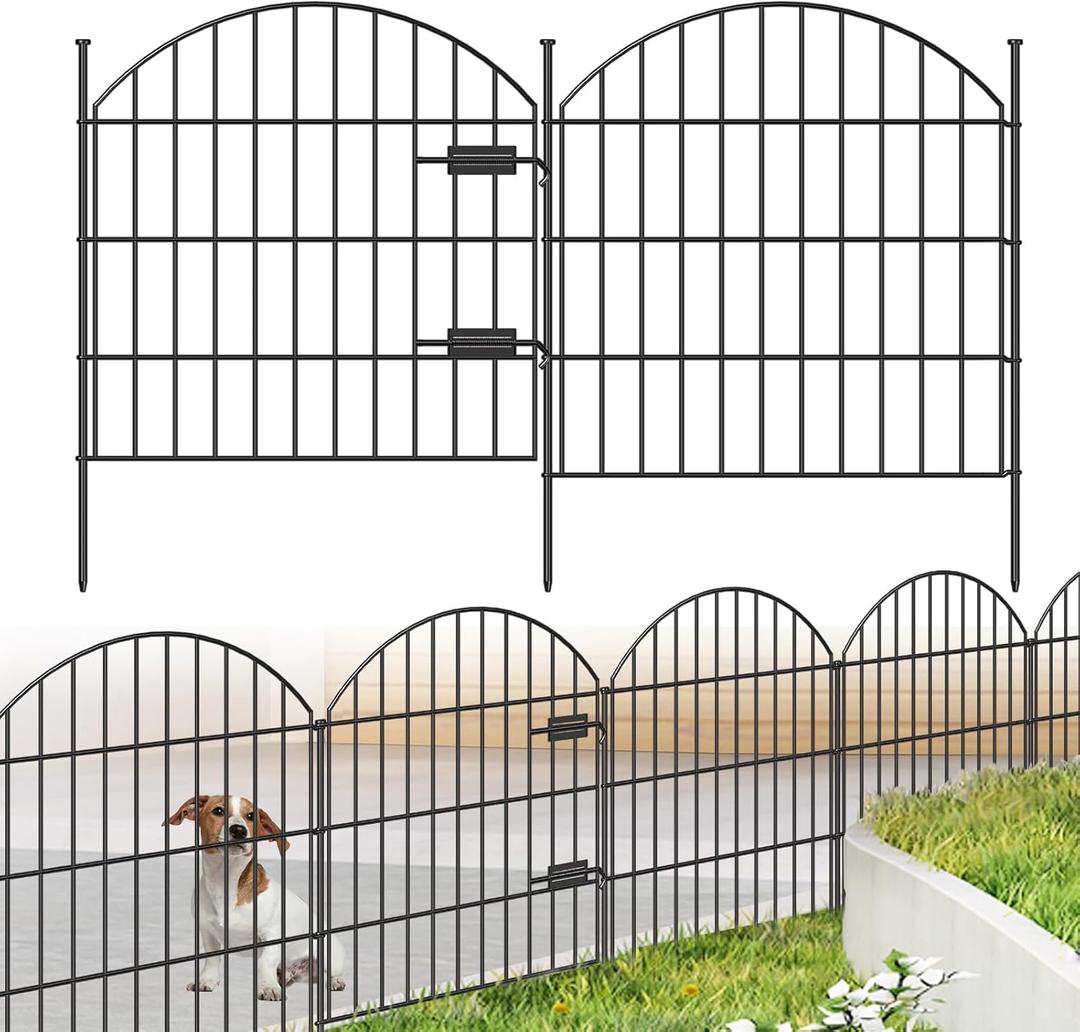 FOREHOGAR Metal Garden Fence with Gate 28in (H) x 11.7ft (L), 1 Gate + 4 Panels Rustproof Border Fence Animal Barrier for Dogs, No Dig Garden Fencing for Yard Backyard Landscape, ECG2827 Black