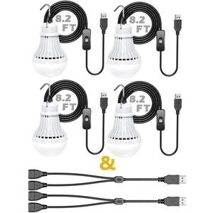 4 Pack USB LED Camping Lantern, 8.2 ft Extra Length Cord Tent Light with USB Y-Cable, Portable LED Bulb for Garage, Warehouse, Car, Truck, Fishing Boat, Room Emergency Light, White