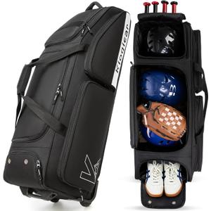Catchers Gear Bag with Wheels for 4 Bats, Rolling Baseball Softball Bag With Multi-Pockets, Fence Hook, Holds All Baseball Equipment.