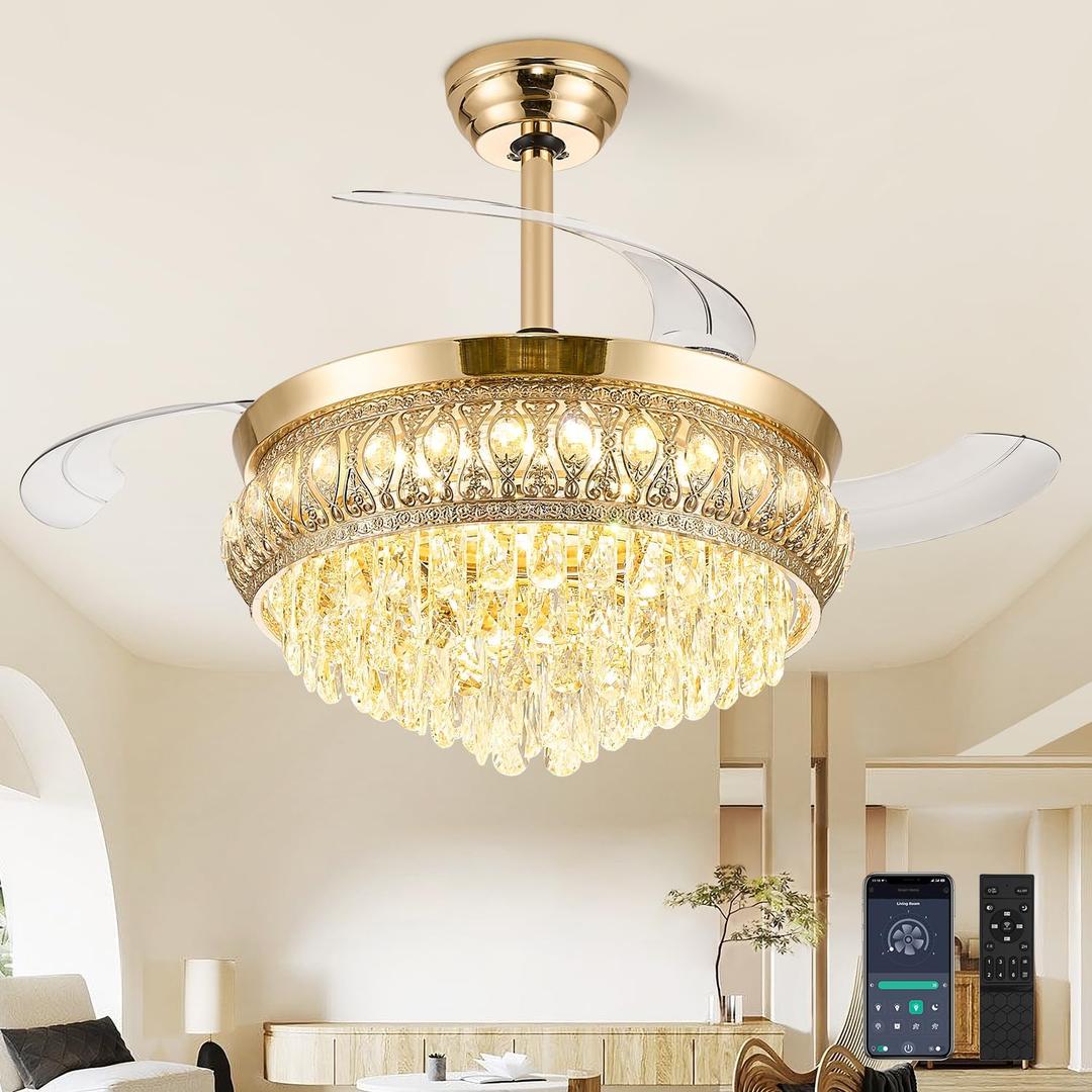 48" Fandelier Ceiling Fan with Light, Crystal Retractable Ceiling Fan with Lights and Remote, Chandelier Fans for Bedroom Living Room, Reversible DC Motor, Dimmable, 6 Speeds - Gold