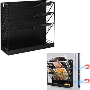 WOMACO Magnetic File Organizer, 4 Tier Large File Folder Holder for File Cabinet, Heavy Duth Magnet Wall Paper Mail Holder for Home Office Whiteboard (4-Tier Black)