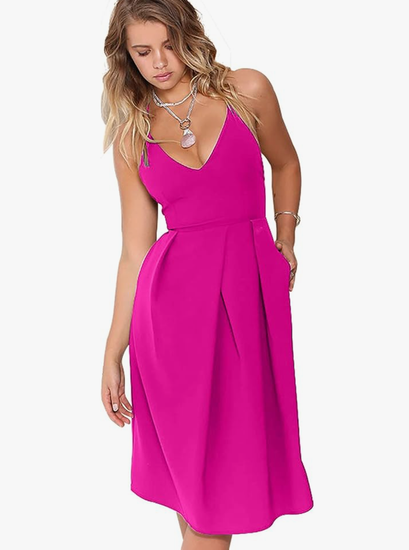 Women's Deep V Neck Adjustable Spaghetti Straps Summer Dress Sleeveless Sexy Backless Party Dresses with Pockets, Rose Red, Size L