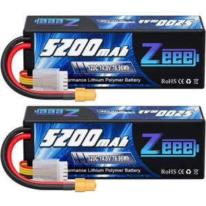 Zeee 4S Lipo Battery 5200mAh 14.8V 120C Hard Case RC Battery with XT60 Plug for RC Car Truck Vehicles RC Buggy Truggy 1/10 Scale Racing Crawler Monster RC Hobby Models(2 Pack)