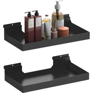 2 Pcs 16X8 Inch Slatwall Shelves, Heavy Duty Slatwall Baskets, Metal Slat Wall Shelves Accessories, Metal Retail Display for Storage and Organization, Black