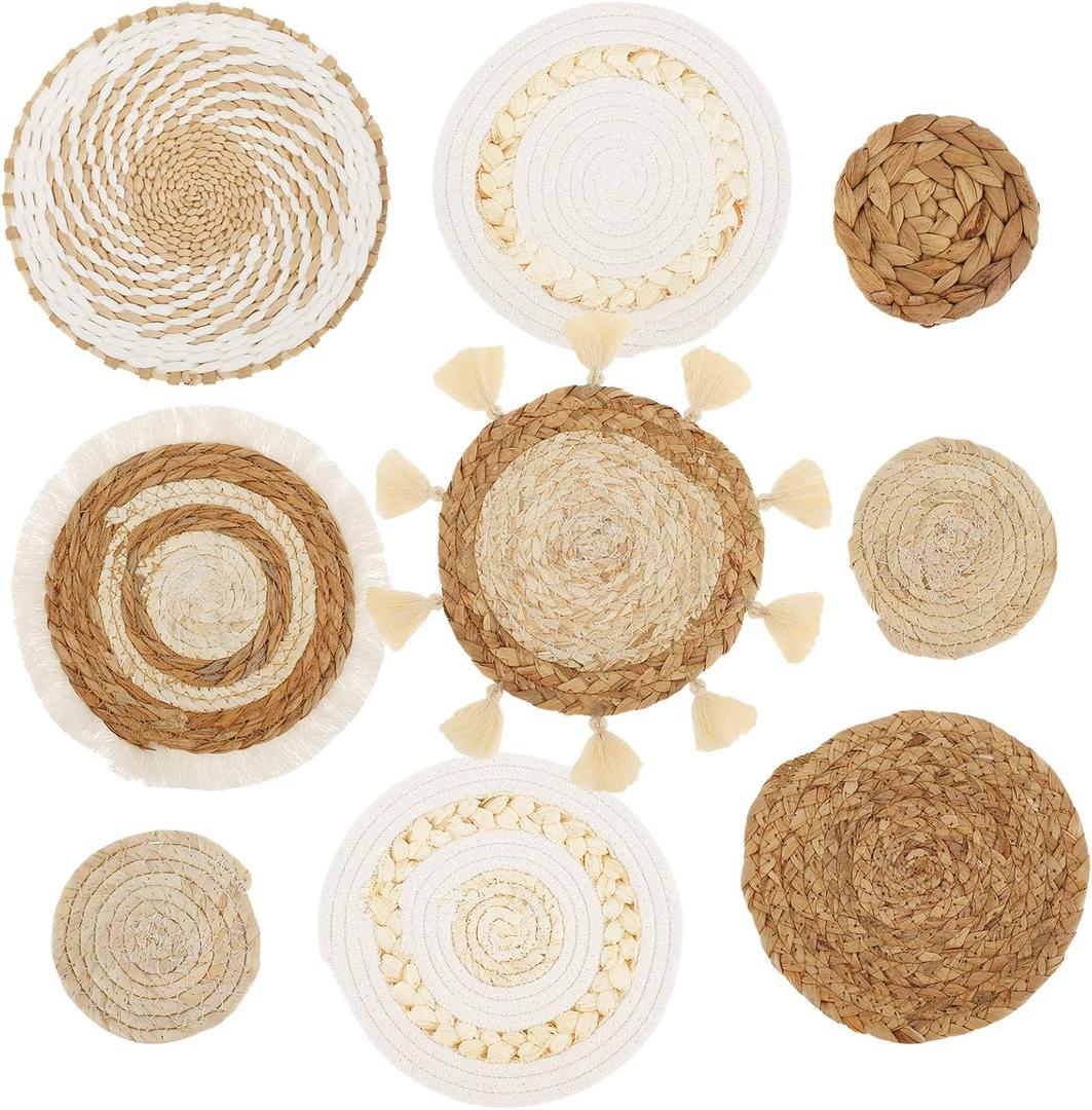 HJJWNDDNG 9 Pack Boho Wall Basket Decor Set, Hanging Woven Seagrass Rattan Wicker Boho Wall Decor, Round Farmhouse Wall Hanging Baskets Rustic Flat Wall Art for Living Room Bedroom Kitchen (Style 3)