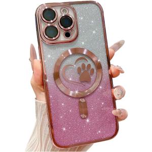 for iPhone 16 Pro Max Case, Glitter Clear Cute Paw Love Heart, Compatible with MagSafe, Strong Magnetic Full Camera Lens Protection Cover, Soft Slim Bling Phone Case 6.9" - Pink