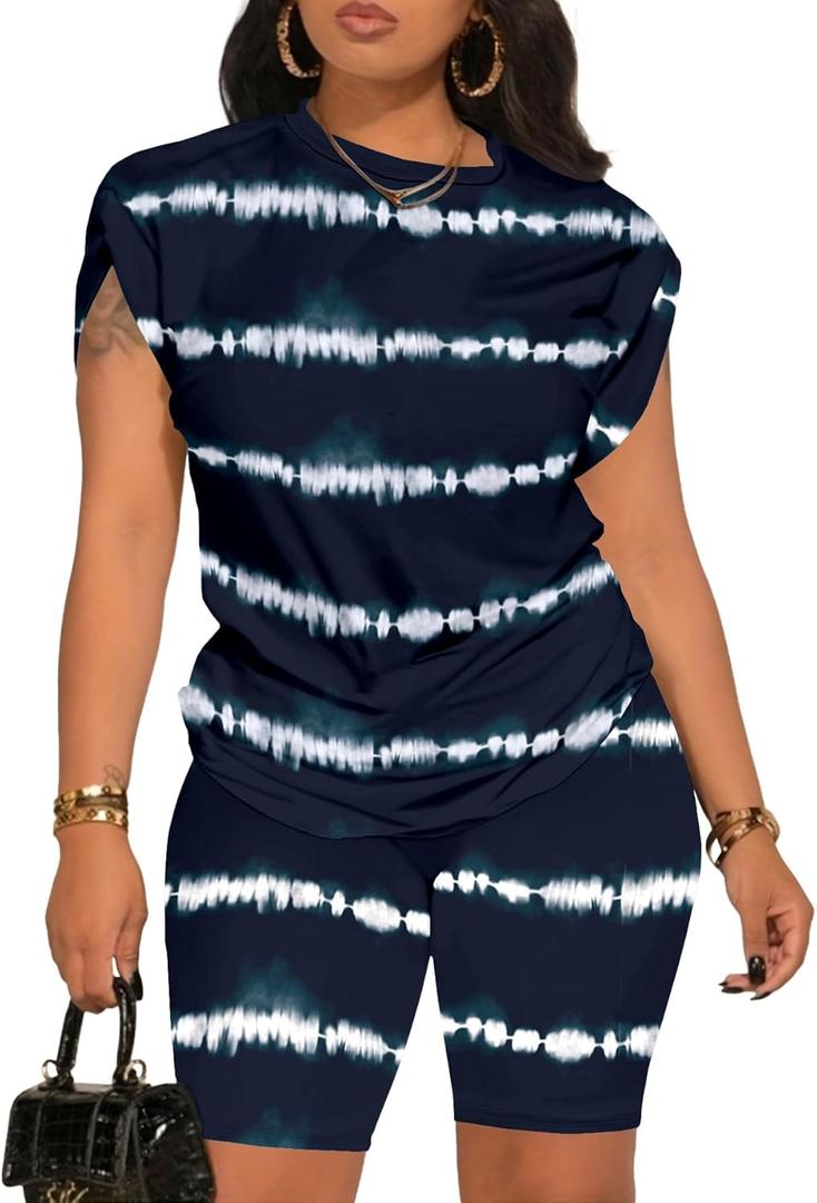 PINSV Women 2 Piece Outfits Summer Sweatsuits Biker Short Workout Jogger Sets (Medium, Dark Blue)