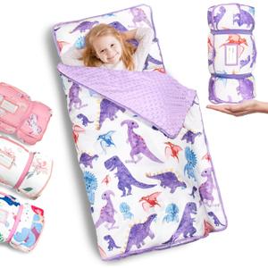 Primlect Thickened Toddler Nap Mat with Removable Pillow and Minky Blanket, Extra Large 55''x35'' Sleeping Bag, Washable, Roll up, Perfect for Daycare, Preschool, Kindergarten, Boys and Girls Dinosaur (purple)