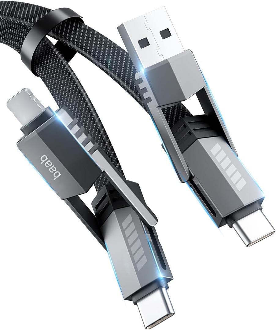 Onylin USB C Cable, [Baab Series] 4 in 1 100W USB C to USB C Cable 5ft Flat Nylon Braided Fast Charging Cord with Data Transfer Combo L/Type C/USB A Port for iPhone iPad MacBook