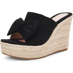PiePieBuy Womens Platform Espadrilles Slip On Wedge Sandals Bow Tie Open Toe Slides Shoes (Black) 8