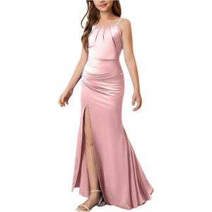 SHENHE Girl's Satin Spaghetti Strap Junior Bridesmaid Flower Girl Dress Fishtail Maxi Slit Dress Pink, 10Y