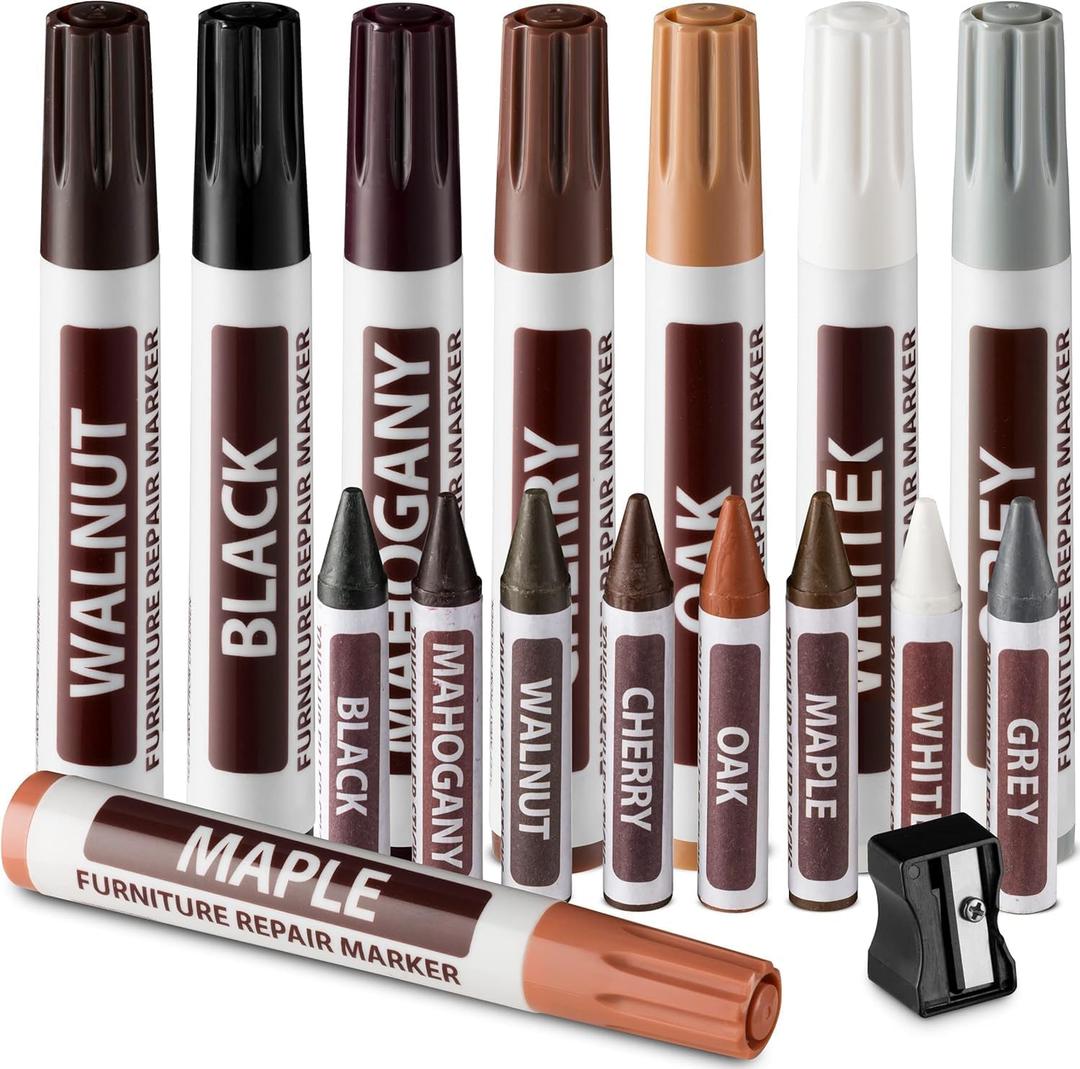 Ram-Pro Furniture Markers Touch Up Repair System - 12Pc Scratch Restore Kit - 6 Felt Tip Wood Markers, 6 Wax Stick Crayons | Colors: Maple, Oak, Cherry, Walnut, Mahogany, Black