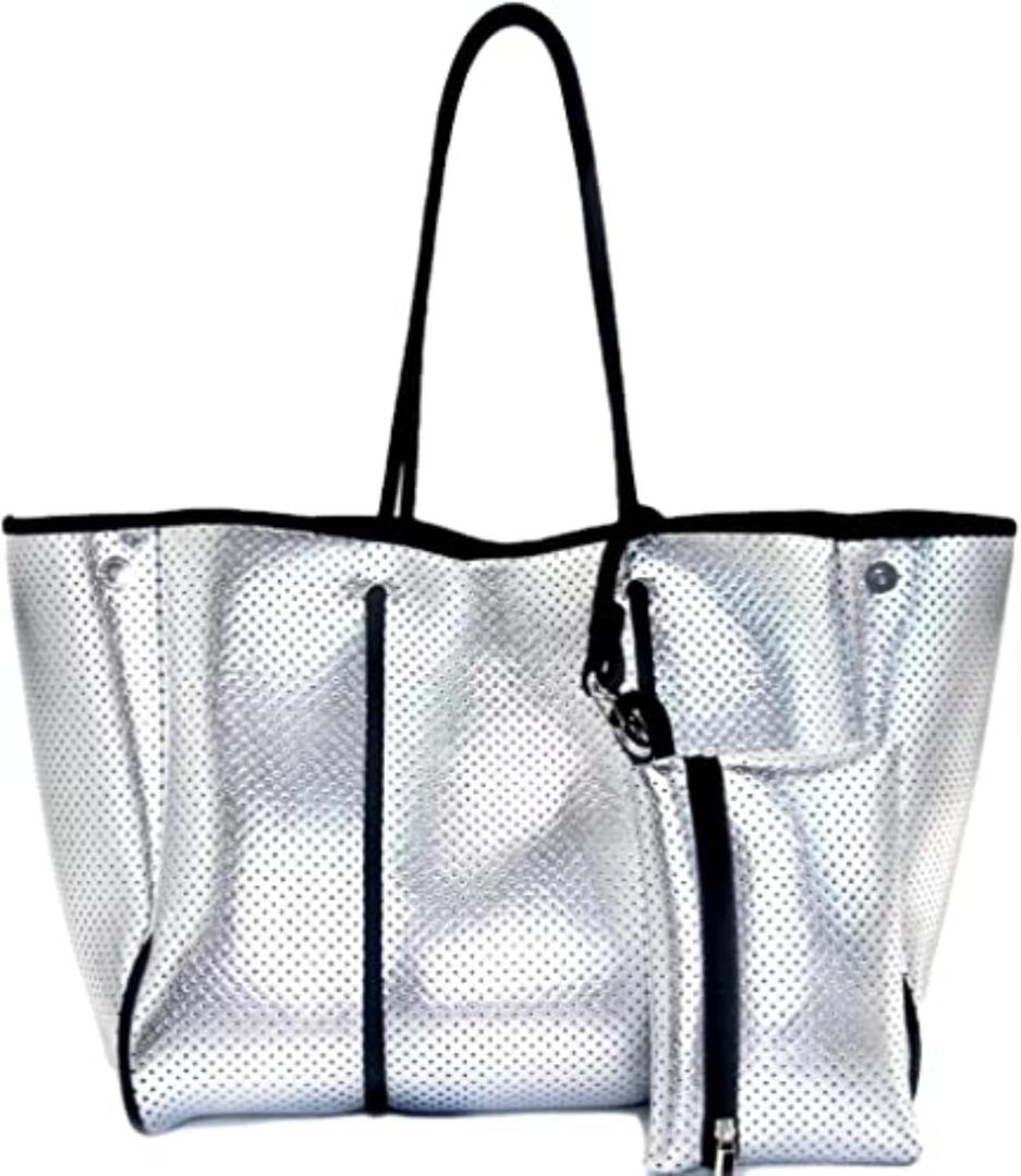 XPONNI Neoprene Large Beach Tote Bag for Women - Pool, Gym, Travel (Silver)
