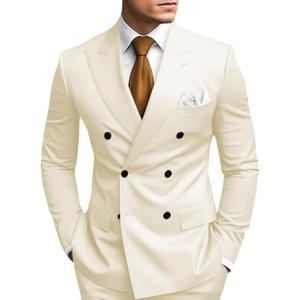 2 Piece Double Breasted Suit Men Slim Fit Mens Double Breasted Blazer Pants Sets Wedding Prom Homecoming Suit (Large, Beige)