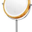 8" Lighted Makeup Mirror with Bamboo Stand, 1X/10X Double Sided Magnifying Vanity Mirror with Lights, 3 Colors Dimmable Lightning, Gifts for Women Mom Teen Girls (Round Base-yellow)