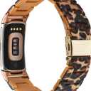 Resin Band Compatible with Fitbit Charge 6/ Fitbit Charge 5, Waterproof & Lightweight Bracelet Wristband Replacement with Stainless Steel Buckle, Fashion Strap for Fitness Tracker Women (Leopard Print)