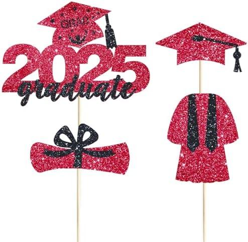 4 Pcs 2025 Graduate Cake Topper Red Glitter Congrats Grad Cake Topper Class of 2025 Cake Decor for 2025 Senior High School/College/University Happy 2025 Graduation Party Supplies Decorations, 3pack