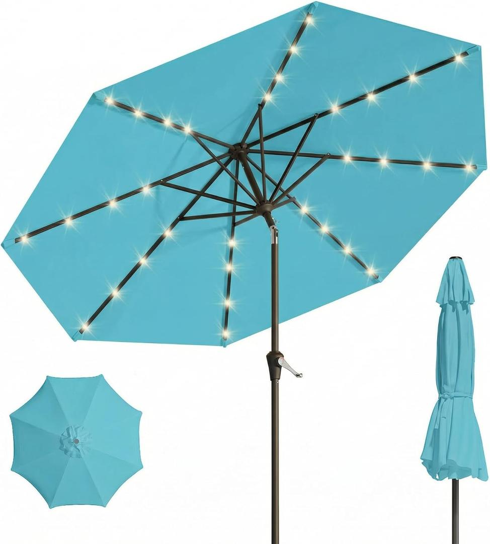 10FT Solar Umbrella 32 LED Lighted Patio Umbrella Table Market Umbrella w/Tilt and Crank, UV-Resistant Outdoor Umbrella for Pool, Garden, Deck, Sky Blue