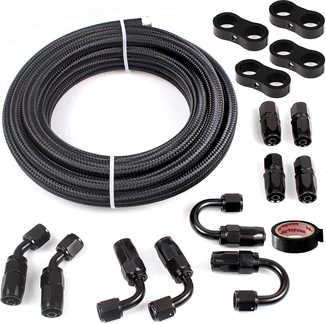 muge racing 6AN Fuel Line Kit, 20FT Nylon & Stainless Steel Braided CPE Fuel Line Hose with Fitting Kit, Black