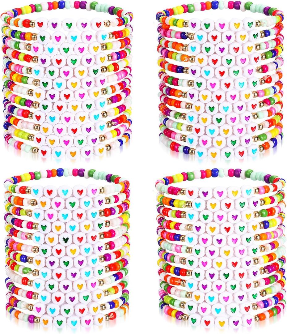48 Pcs Friendship Bracelets Bulk Colorful Beaded Bracelets for Women Love Heart Letter Motivational Gifts for Woman Adults Wedding Party Favors