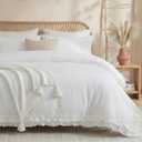 Merryword 100% Cotton Ruffled Comforter Set Queen, White Shabby Chic Farmhouse Bedding Set French Country Cute Comforter Set