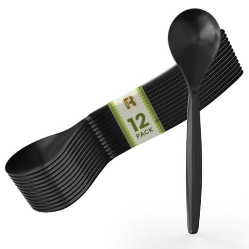12 Pack Black Plastic Serving Spoons For Buffet 10 In - Extra Large Black Plastic Serving Utensils For Hot And Cold Food - Disposable Serving Utensils For Parties.