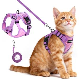 rabbitgoo Cat Harness and Leash Set, Escape Proof Soft Adjustable Vest Harnesses for Outdoor Walking, Easy Control Breathable Kitten Jacket with Reflective Strips, Pink & Purple, XS