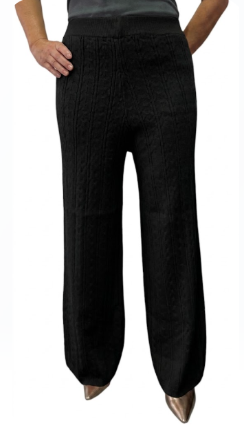Women's Knit Wide Leg Pants, Cable Pattern, Elastic Waist, Black, One Size