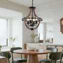 16.5 Inch Wood Farmhouse Chandelier, Black Dining Room Light Fixture, 4-Light Rustic Kitchen Chandelier for Dining Room, Adjustable Hanging Light Fixtures for Kitchen Island Entryway Foyer Hallway
