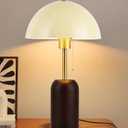White Mushroom Table Lamp Walnut Wood Table Lamp Farmhouse Rustic Bedside Lamp Metal Shade Desk Lamp with Pull Chain,Plug-in Bedside Lamp for Bedroom,Nightstand,Living Room