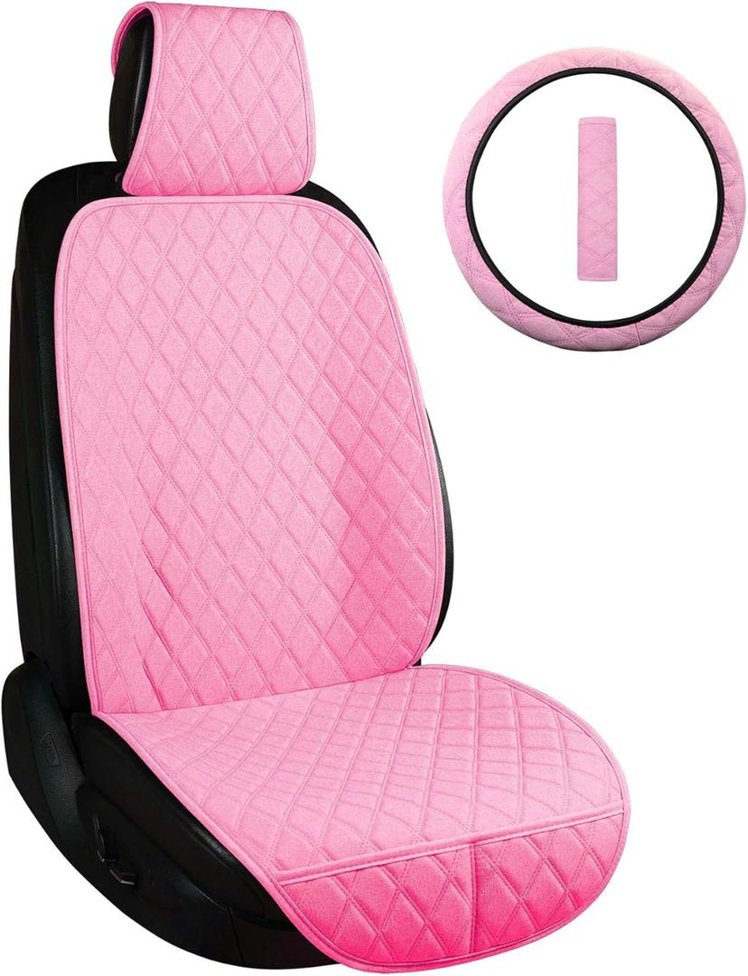 ENOGE Linen Car Seat Covers Front Seat Covers Breathable Cloth Fabric Car Seat Protector Universal Fit Most Automotive, Van, SUV, Trucks(Pink, 1 Front Set)