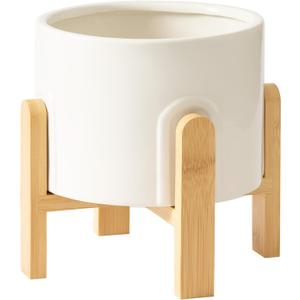 La Jolie Maison White Planter with Wood Stand, 9 Inch Ceramic Planter for Indoor Plants, Large Modern Planter Pots with Drainage Hole (Natural)