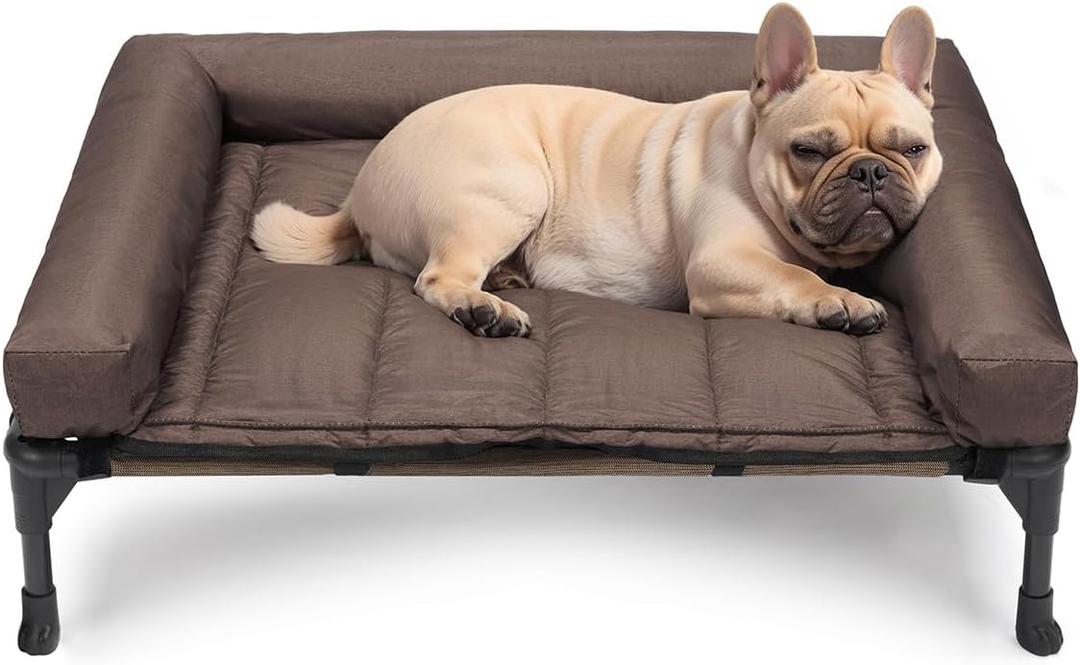 Veehoo Cooling Elevated Dog Bed Add Removable Waterproof Bolster Cushion Mat, Raised Pet Cot with Breathable Teslin Mesh, No-Slip Feet, Dog Sofa Bed for Indoor Outdoor, Medium, Brown CWC2331B (32.0"L x 25.0"W x 7.0"Th)