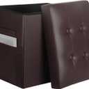 Storage Ottoman, Slim Tall Foot Stool with Thicker Foam Padded Seat. Folding Leather Foot Rest Furniture with Handles & Side Pocket. Ottoman with Storage for Living Room 350 lbs, 17x13x17in, Brown