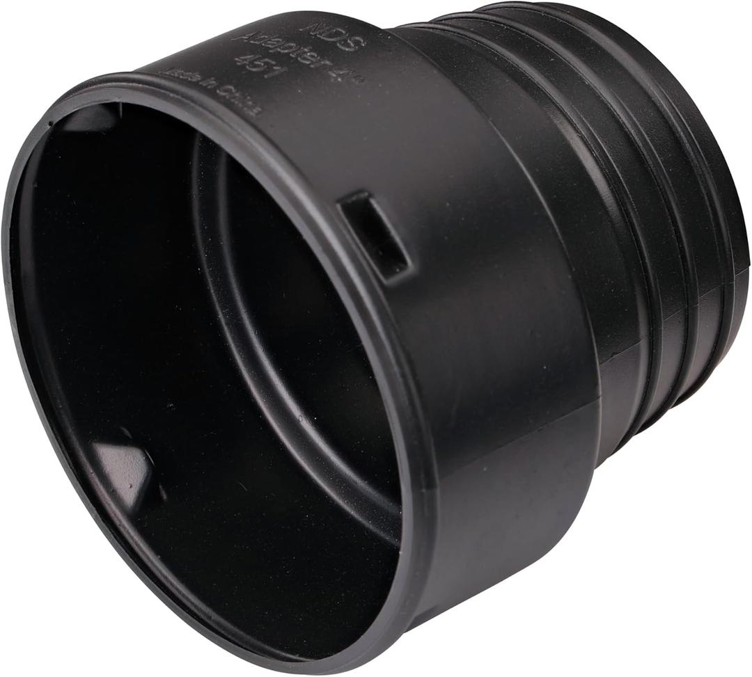 NDS 451 HDPE Corrugated Adapter, 4-Inch, for Spigot X 4 inch Corrugated Hub Connections, for use with 4 inch Drain Pipes & Fittings, Black