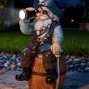 Solar Garden Gnome Statues Funny Resin Pirate Gnome Decorations Sitting on Wine Barrel Outdoor Figurines for Yard Patio Mom Gift