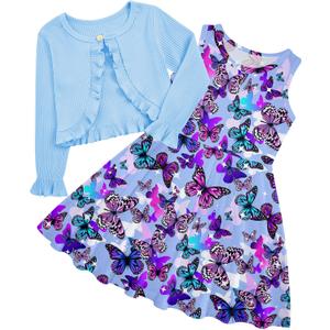 Toddler Girl Sleeveless Dresses and Long Sleeve Ruffle Cardigan 2 Piece Fall Outfits for 2-8T (5-6 Years, A3-butterfly 02)