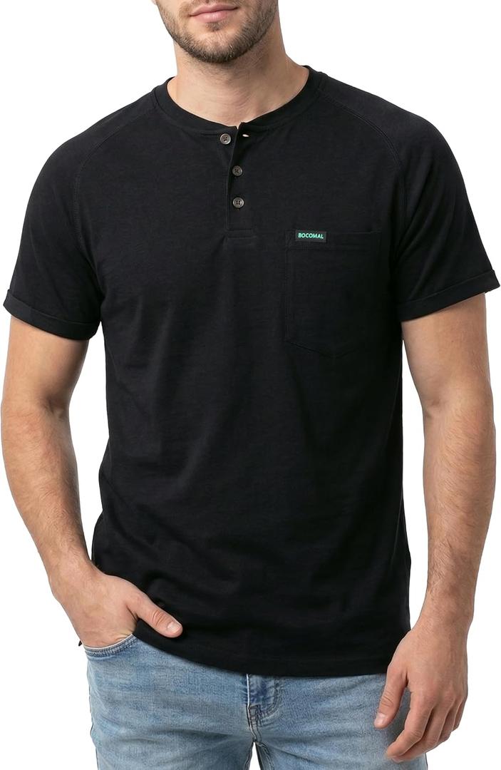 BOCOMAL Non FR - Men's Henley Work Shirts, Stretch-Cotton Relaxed Fit | 5.5oz Lightweight, EX-Soft, Breathable, Chest Pocket, Versatile Workwear - Ideal for Jobsite & Casual (Black, L)