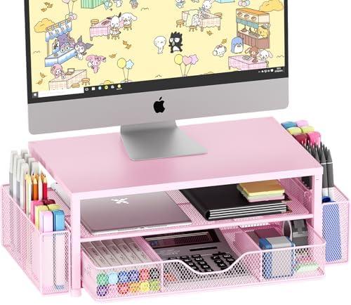 OPNICE Desk Organizers and Accessories, 2-Tier Computer Monitor Stand Riser with Drawer and 2 Pen Holders, Office Desk Accessories for Office Supplies, Pink