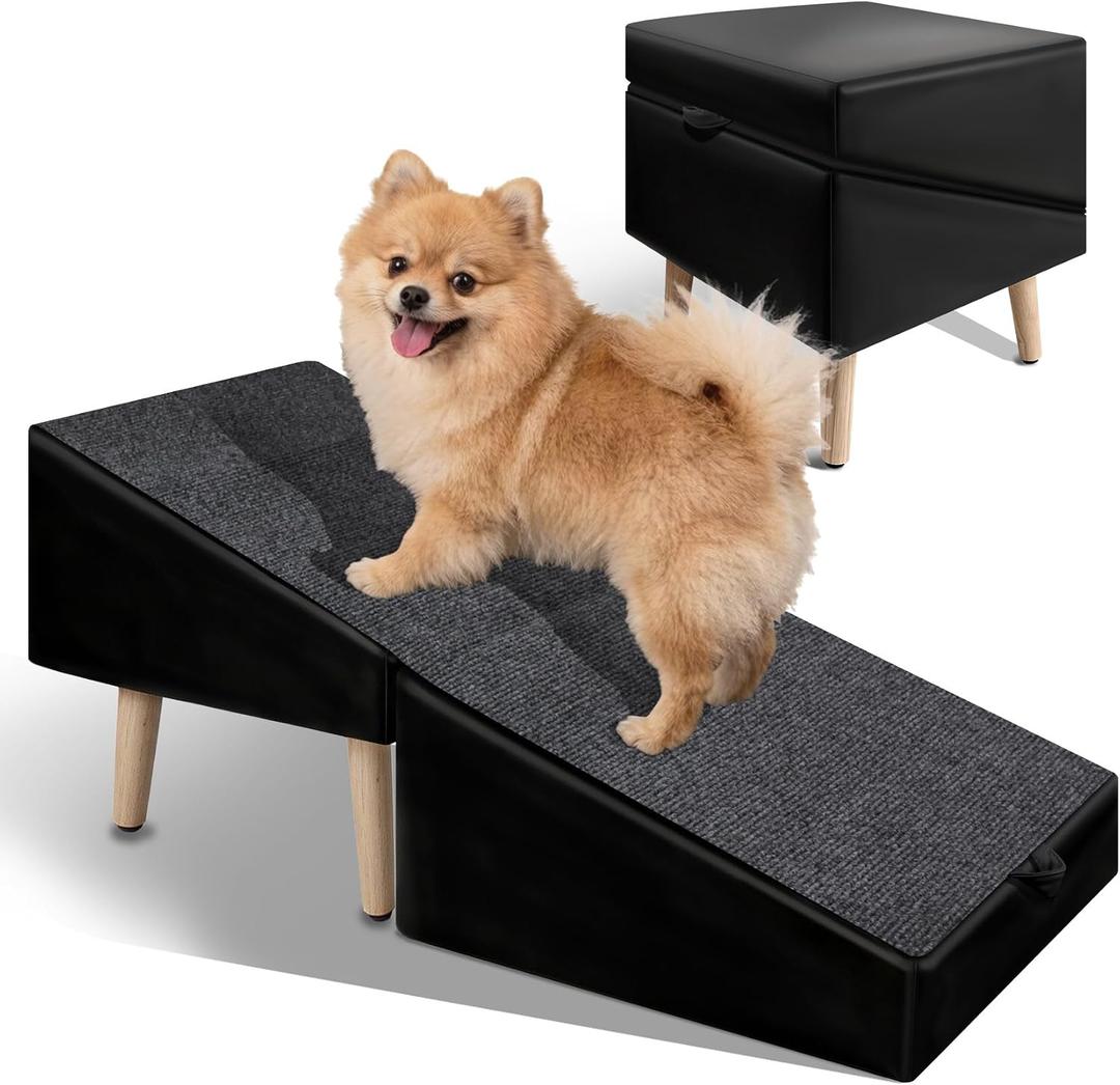 Split Ottoman Dogs Ramp, Dog Ramp for Couch and Bed, Dog Stairs for Small Dogs and Cats, 2-in-1 Foldable Wooden Pet Stairs and Ottoman, Non-Slip Fabric Surface Ramp for Couch and Bed Black
