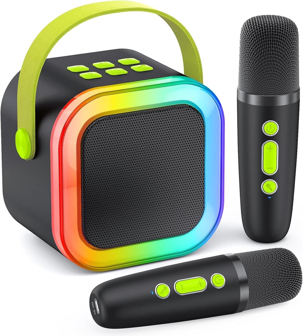 Karaoke Machine for Kids Adults, Portable Bluetooth Mini Karaoke Microphone Singing Speaker Karaoke Player with 2 Wireless Mic,Kids Toys for All Smartphones,Birthday, Family,Home Party (Black Green)