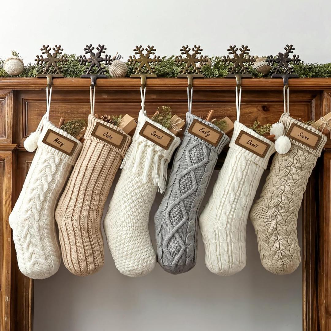 Rustic Knitted Personalized Christmas Stockings: 6 Pack 18 inch Cable Knit Patterns Stockings, Farmhouse Cozy Hanging Xmas Stockings Stocking Decorations for Family Holiday Decor, White Gray Beige