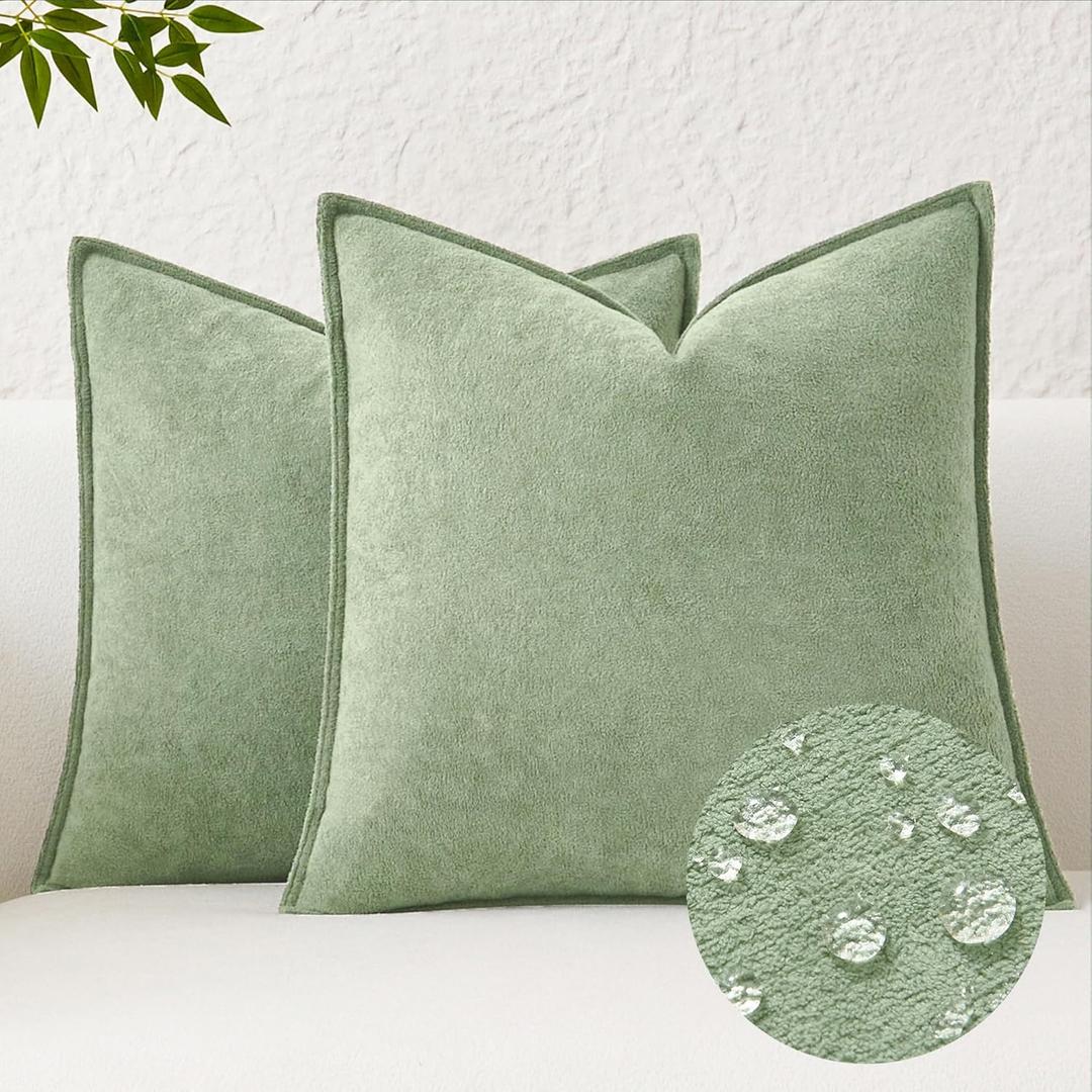 Kevin Textile Spring Waterproof Decorative Pillow Covers Sage Green 20x20 Inch Pack of 2 Soft Boucle Textured Throw Pillowcases Elegant Accent Pillows for Couch Sofa Chair Bed Home Decor
