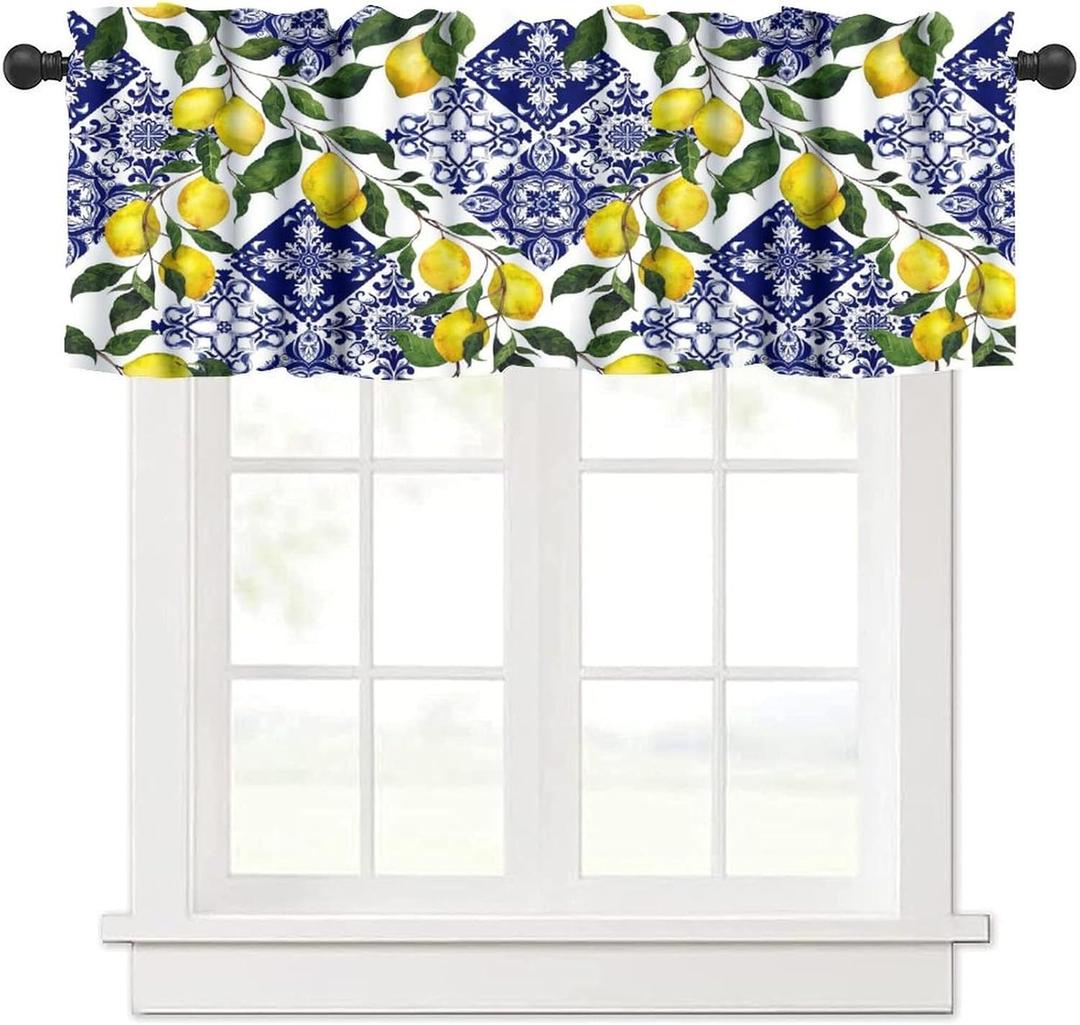 Blue Tiles Lemon Valance Curtain, Summer Fruit Chic Valance Window Treatments Short Curtains for Kitchen Farmhouse Living Room Bathroom 54x18inch