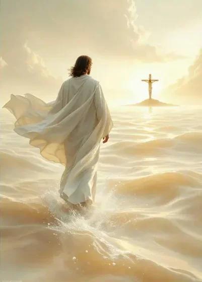Jesus Walking On Water Poster Canvas Wall Art Religious Ocean Painting Picture Wall Decor Christian Canvas Print Artwork For Living Room Bathroom Bedroom Church Home Decoration12x18inch(30x45cm) (Frame-style)