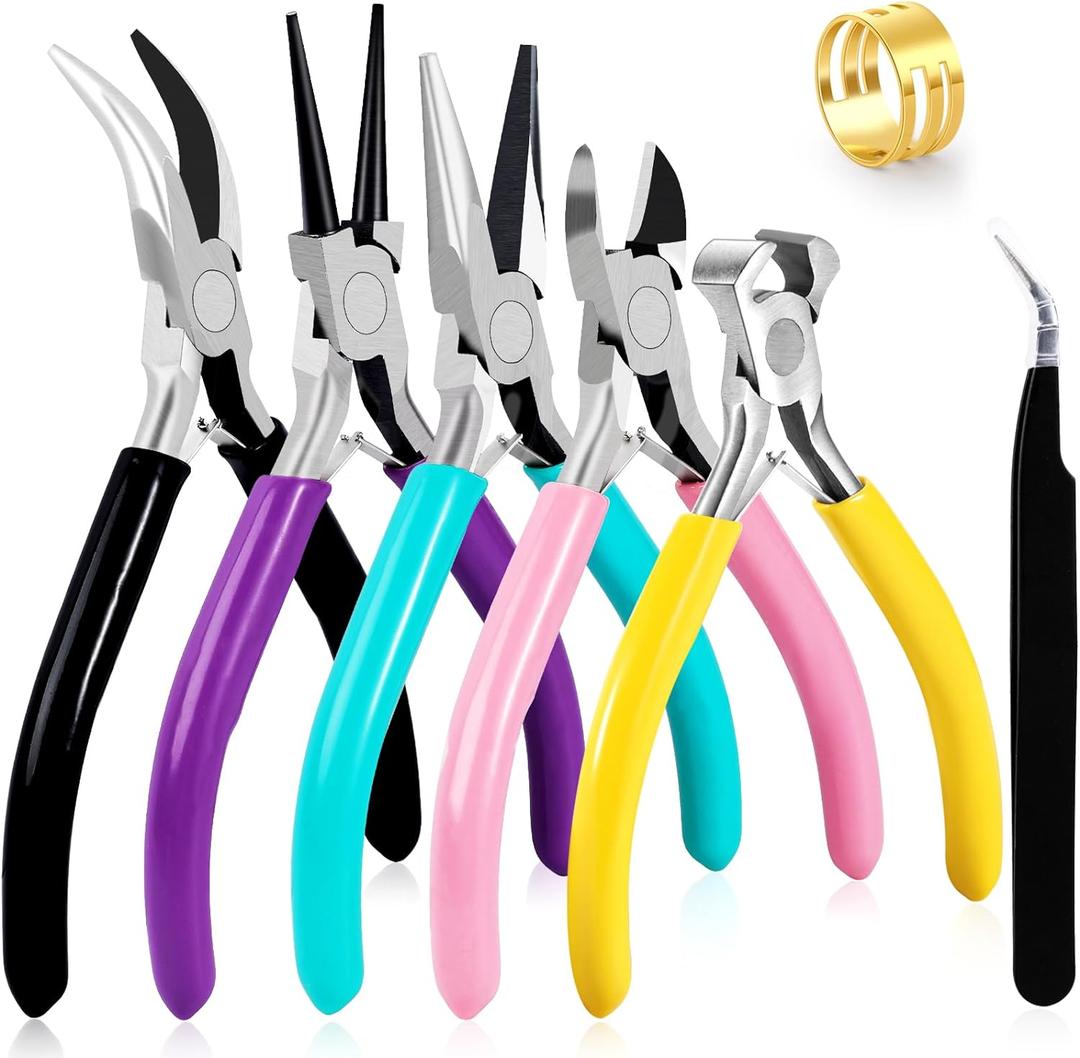 5Pcs Jewelry Pliers Set Jewelry Making Pliers Tools Kit Include Jewelry Making Needle Nose Chain Nose Round Bent Pliers Wire Cutter for Bracelet Beading DIY Craft Jewelry Making Supplies (Em Pink Blue Purple Black Yellow)