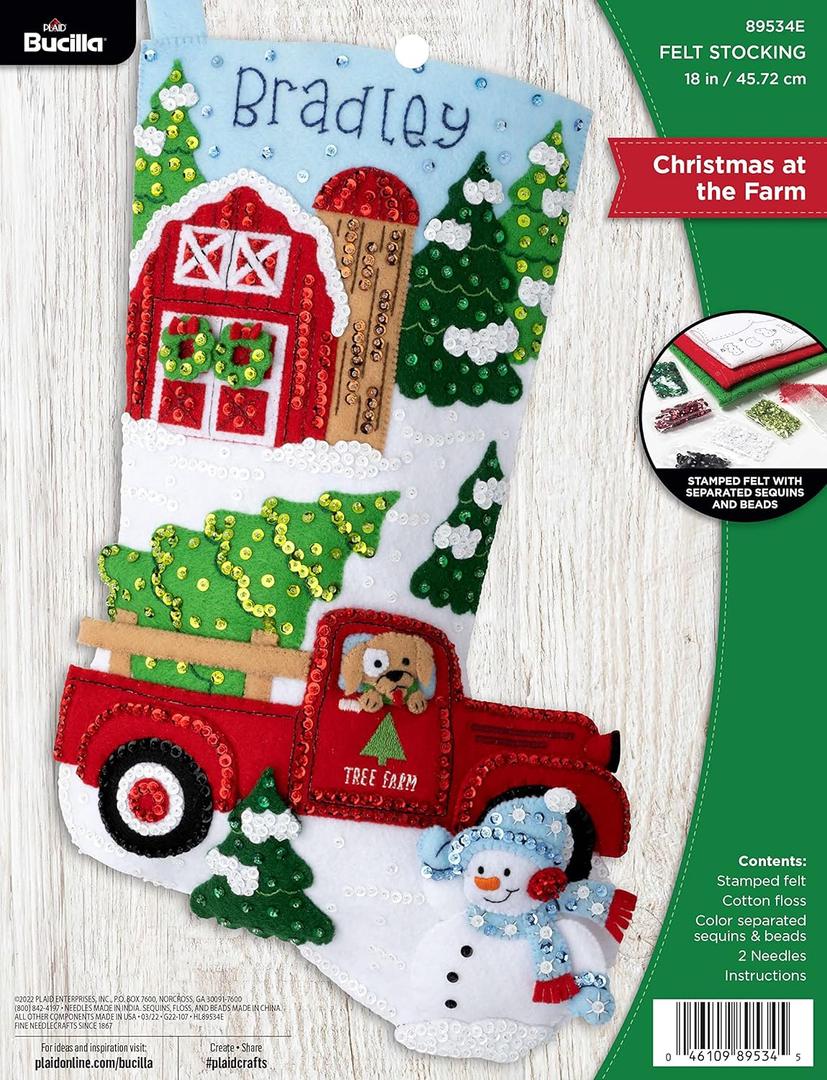 Bucilla Felt Applique 18" Stocking Making Kit, Christmas at The Farm, Perfect for DIY Arts and Crafts, 89534E